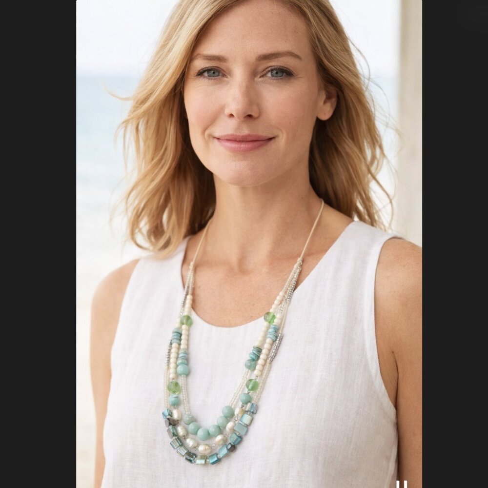 J. Jill Multi-Strand Necklace Aqua Ivory Layered Beaded Glass Pearl Ocean Sea